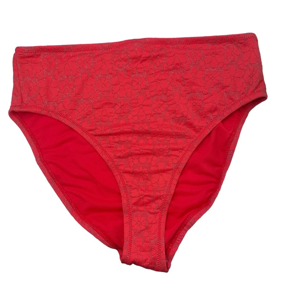 Jessica Simpson Women's Flower Printed Hi-Waist Bikini Bottoms Coral Large L